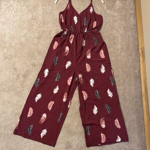Women's Burgundy Feather Print Jumpsuit